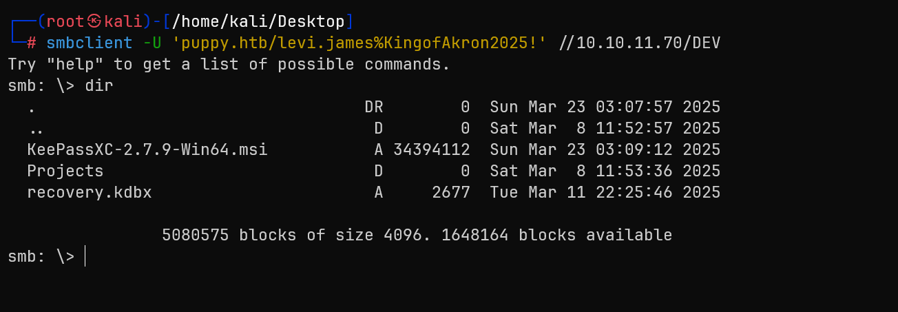 Contents of DEV share showing recovery.kdbx file