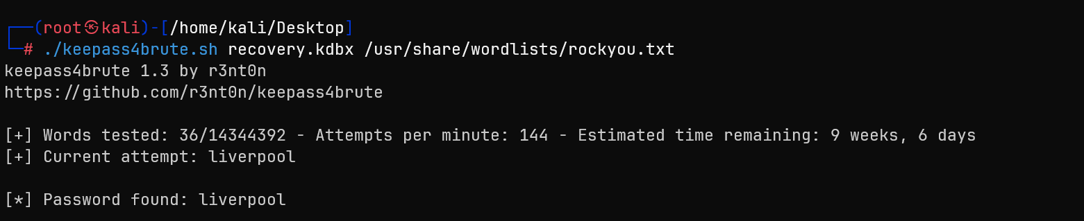 KeePass password cracking showing successful password discovery