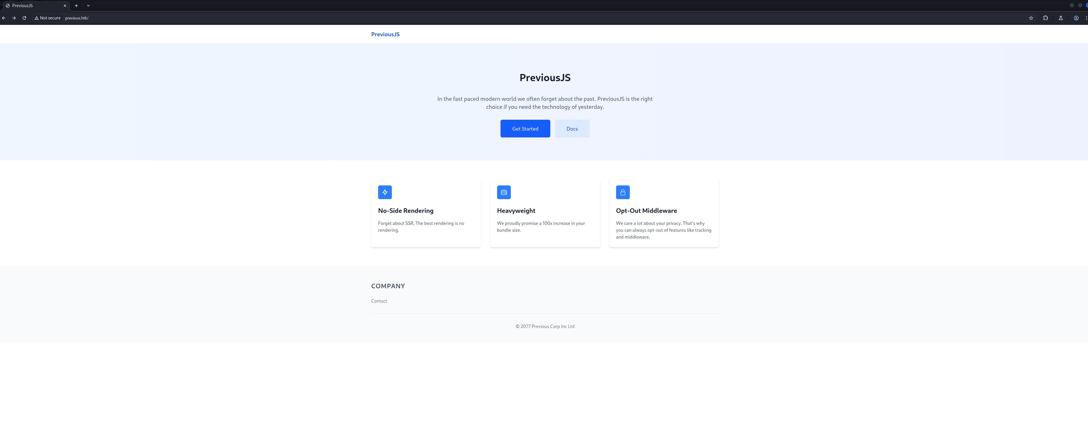 Previous.htb homepage showing a modern web interface